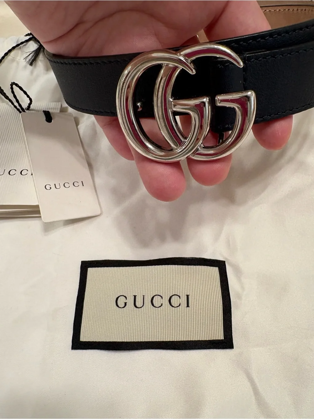 Gucci kids Large Navy /Black Leather Belt with Silver classic Double G Buckle